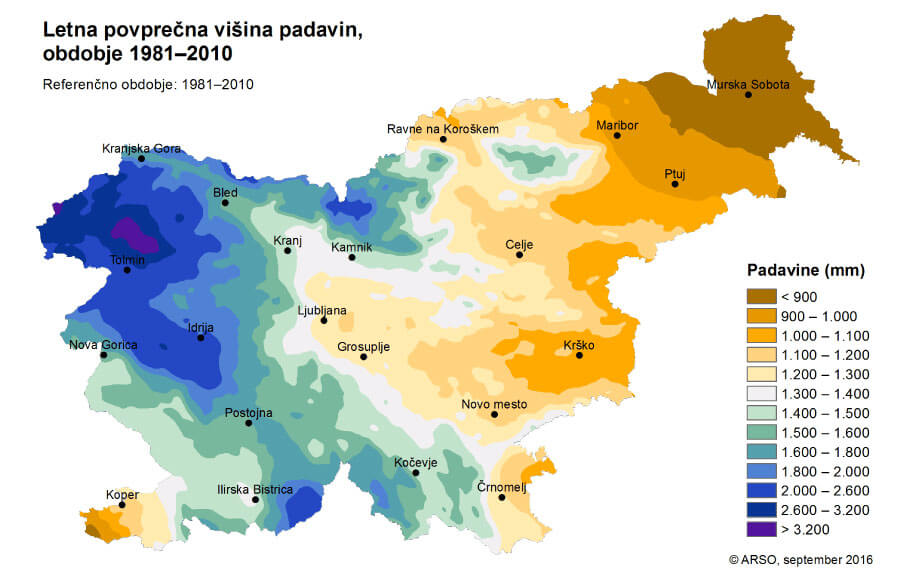 Povprecna kolicina padavin v Sloveniji.